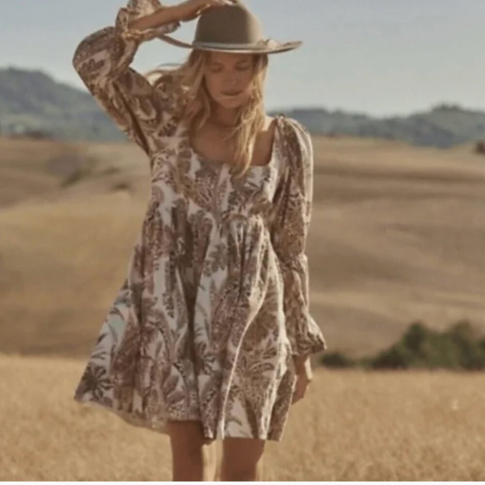 Anthropologie Cream and Brown Printed Midi Dress